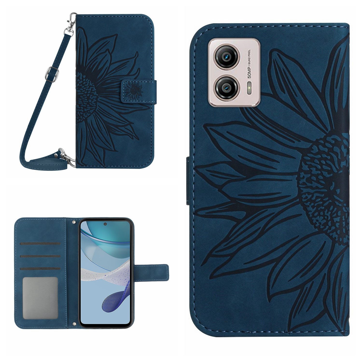 HT04 Stand Wallet Cover for Motorola Moto G53 5G Sunflower Imprinted PU Leather Case with Shoulder Strap HT04 Stand Wallet Cover for Motorola Moto G53 5G Sunflower Imprinted PU Leather Case with Shoulder Strap